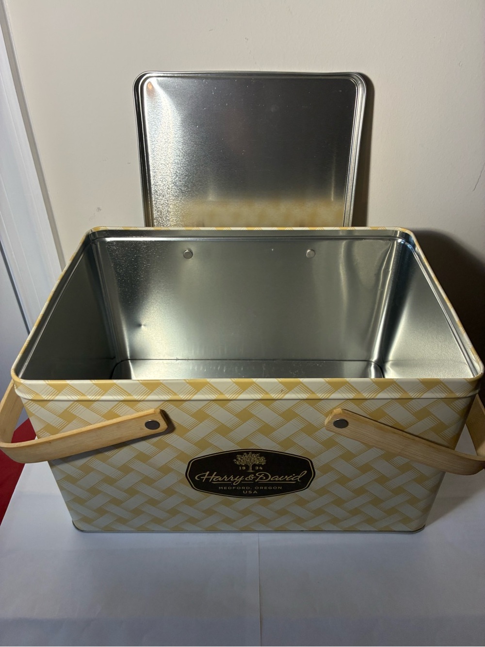 Harry & David Picnic Basket Tin w/ Wood Handles | Yellow Woven Storage Box - Picture 7 of 10